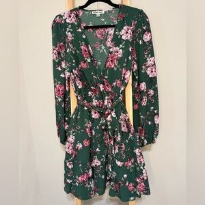 Inspired Hearts Green Floral Long Sleeve Wrap Dress with Pink Roses